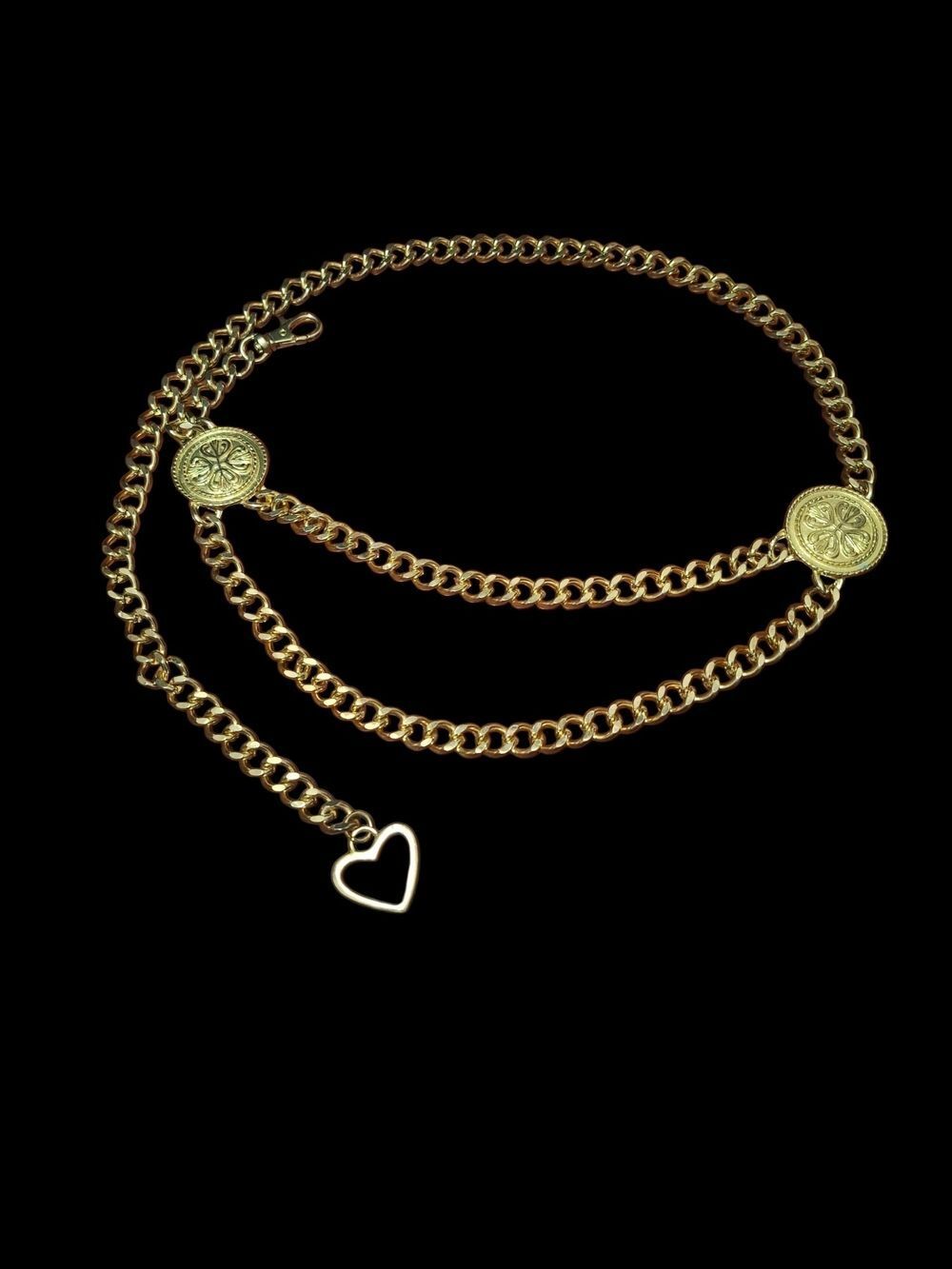 Vintage Medallion Gold Chain Belt with Heart Charm